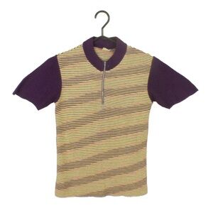 Vintage 60s 70s Purple Stripe Knit Short Sleeve 1/4 Zip Up Polo Shirt Top